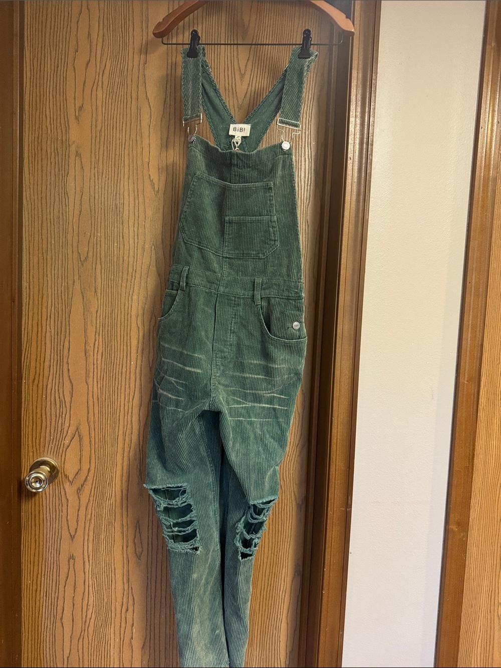 BiBi Forest Green Corduroy Distressed Overalls